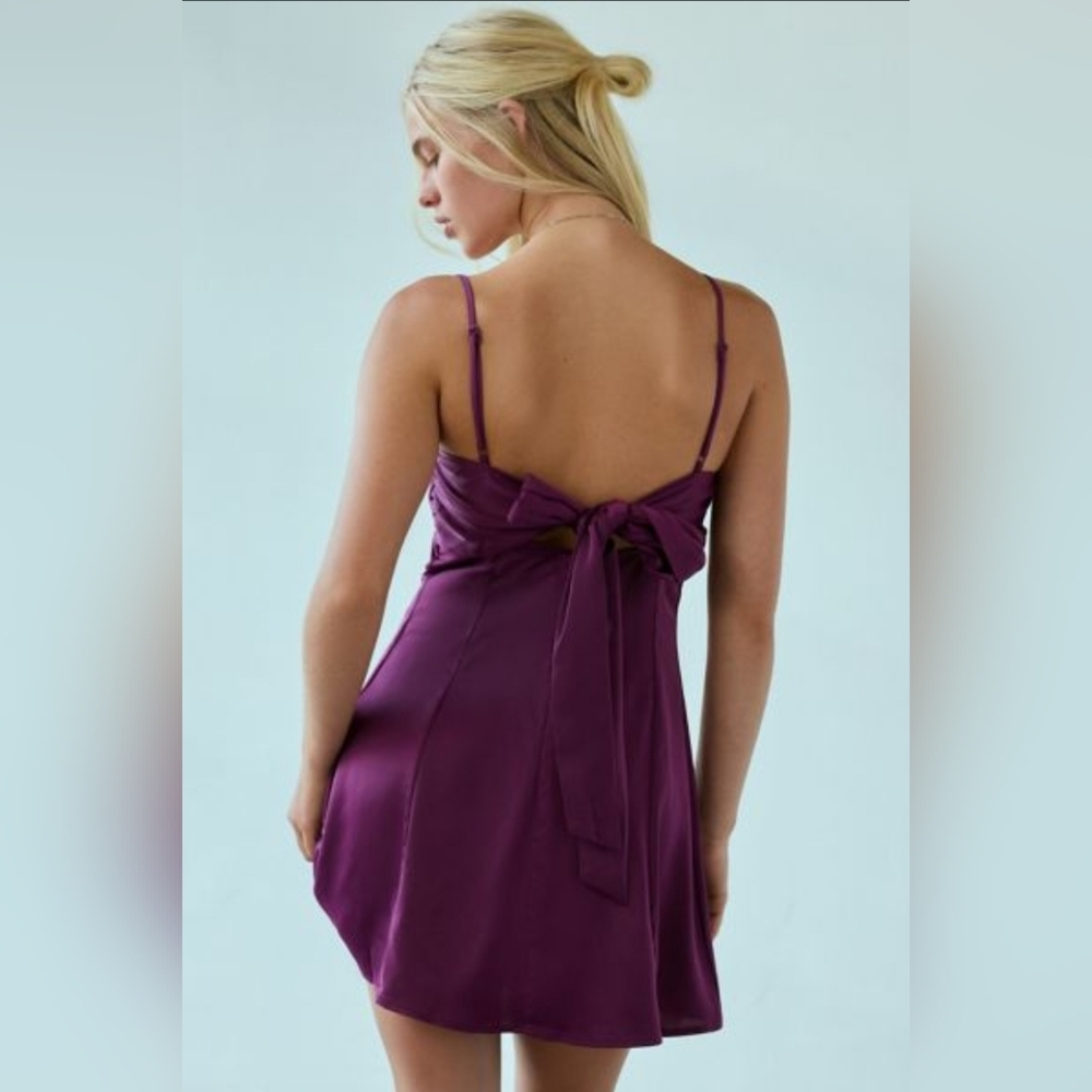 UO Bella Bow Back Satin Mini Dress In Plum Purple